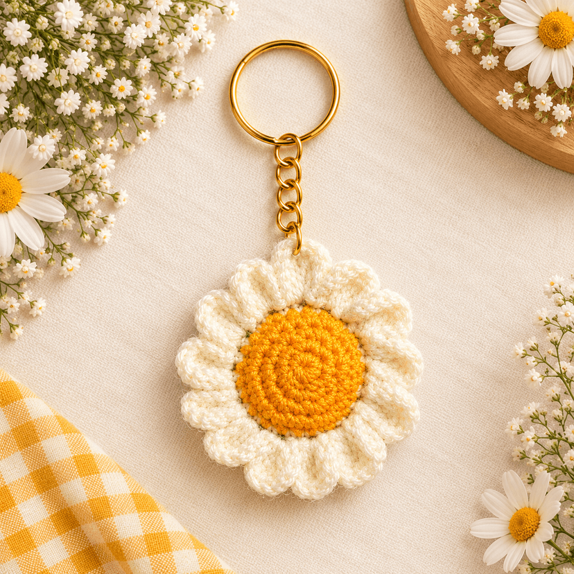 Crochet Daisy Flower Key Chain - Image 1