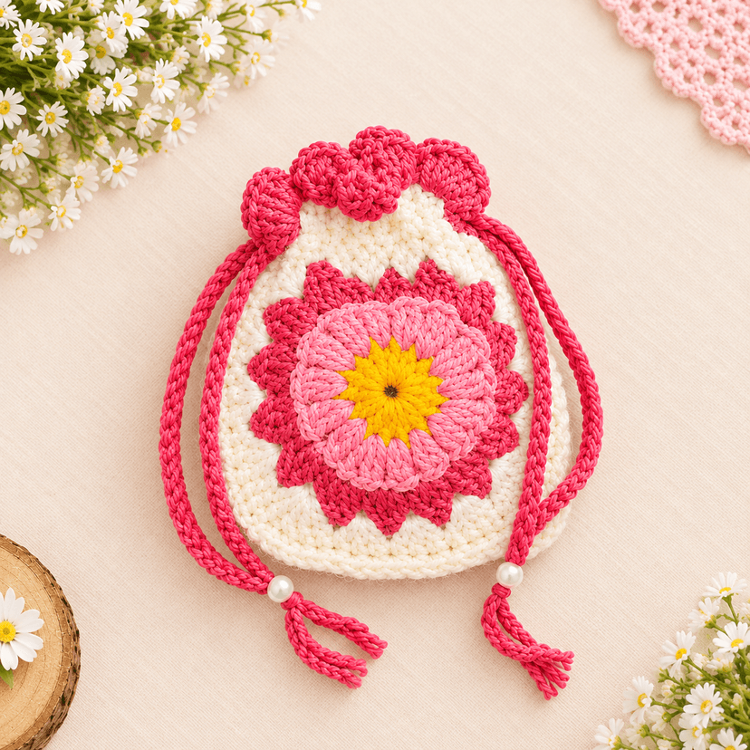 Crochet Potli Bag Pink - Image 1
