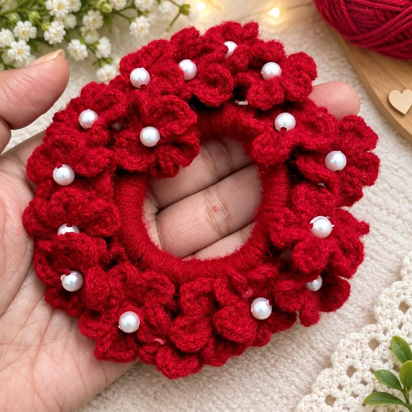Crochet Hair Scrunchie with Pearls - Image 1
