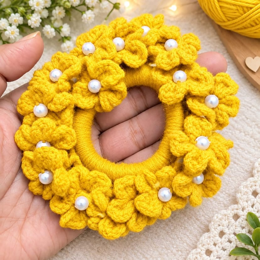 Crochet Hair Scrunchie with Pearls - Image 3