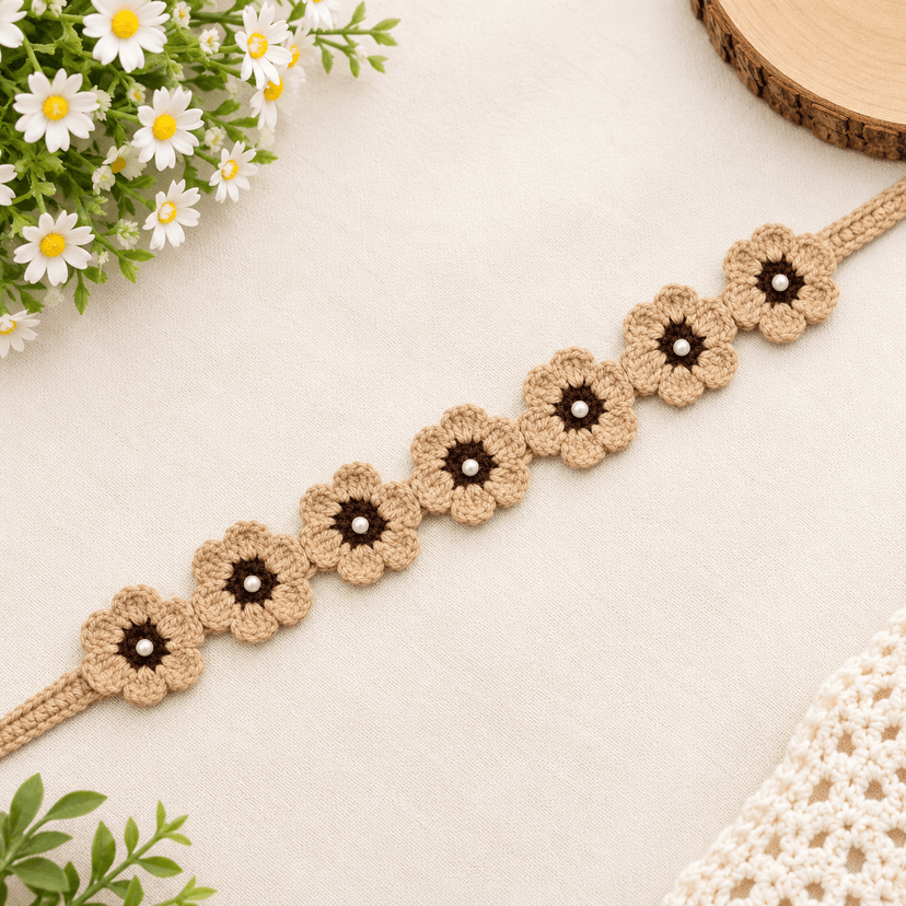 Crochet Floral Hair Band with Pearl Accents - Image 2