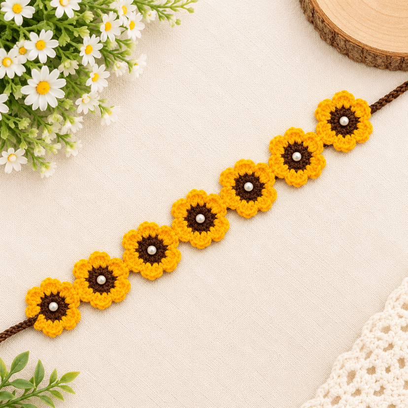 Crochet Floral Hair Band with Pearl Accents - Image 4
