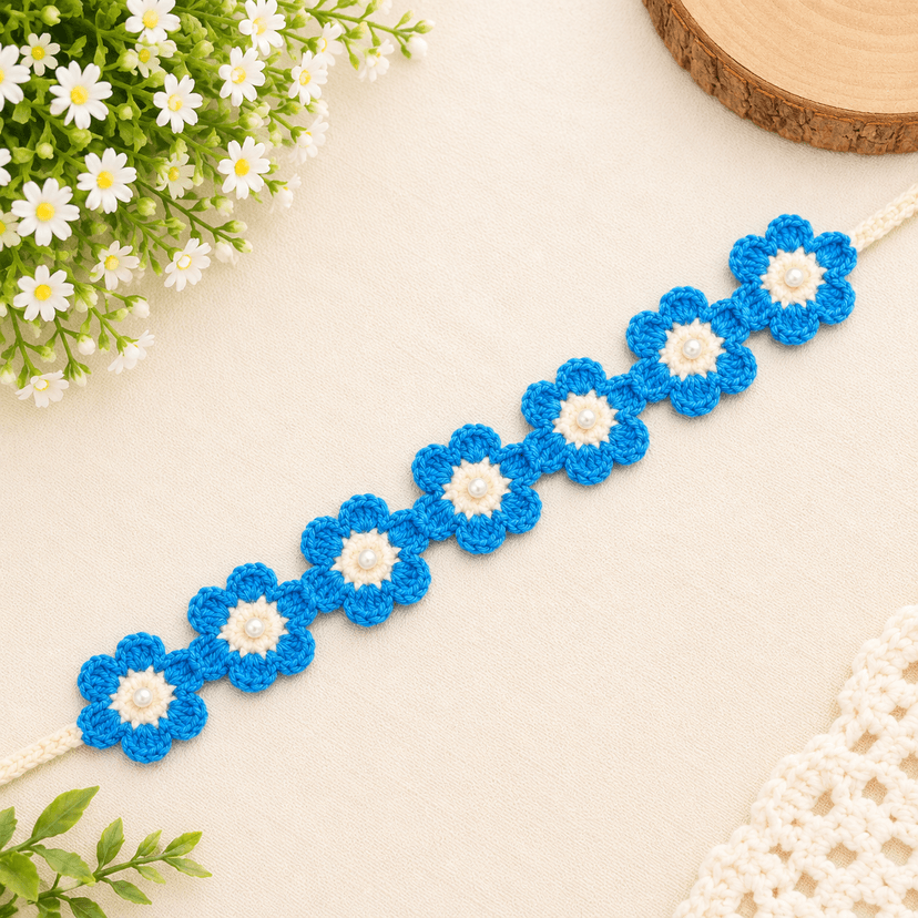 Crochet Floral Hair Band with Pearl Accents - Image 5