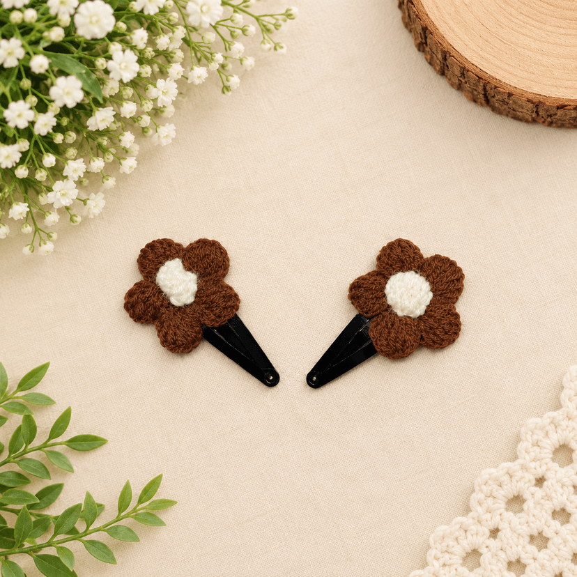 Crochet Puff Flower Hair Clip Pair - Image 2